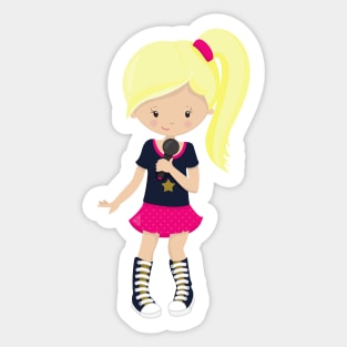 Rock Girl, Blonde Hair, Microphone, Band Singer Sticker